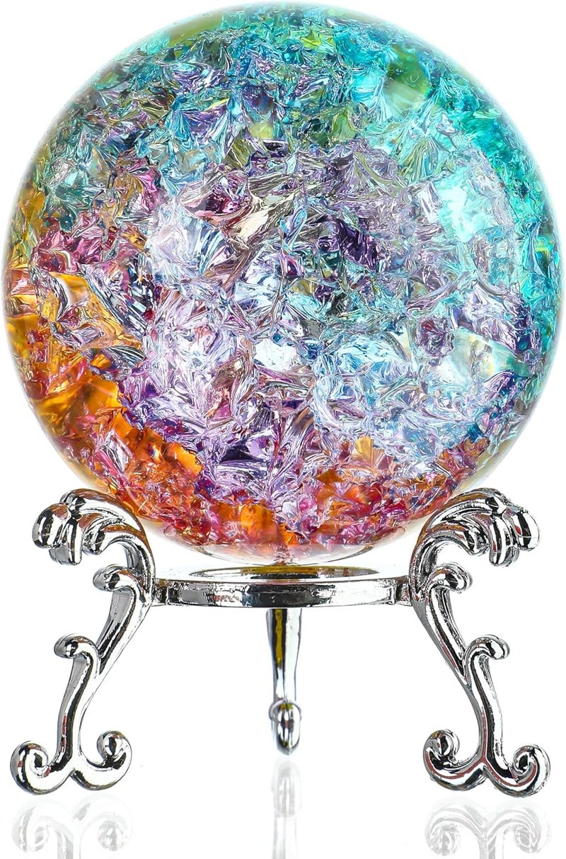 ZEERSHEE 60mm Colorful Ice Cracked Crystal Ball with Stand Decorative Glass Ball Paperweight for Home Wedding Office Christmas Decor - Image 1